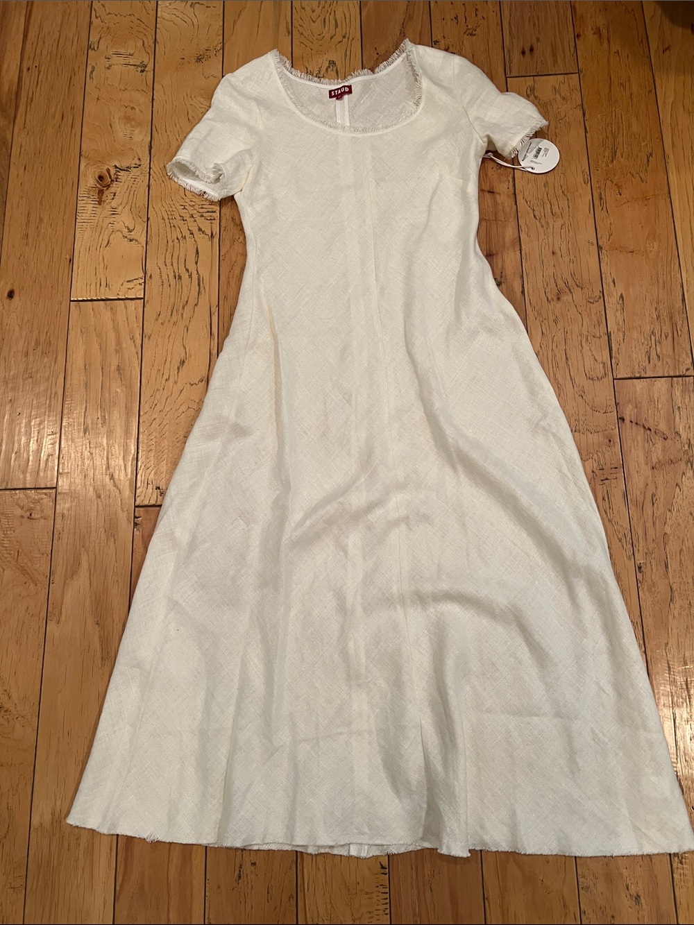 STAUD White Short-Sleeve Midi A-Line Dress